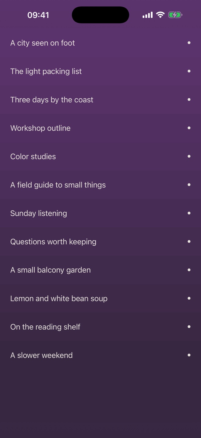 Buenote on iPhone: recent notes on a purple background, from A city seen on foot to A slower weekend.