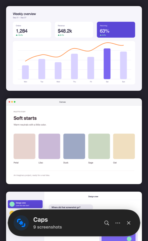 The Caps sidebar: recent screenshots with soft shadows above floating controls.