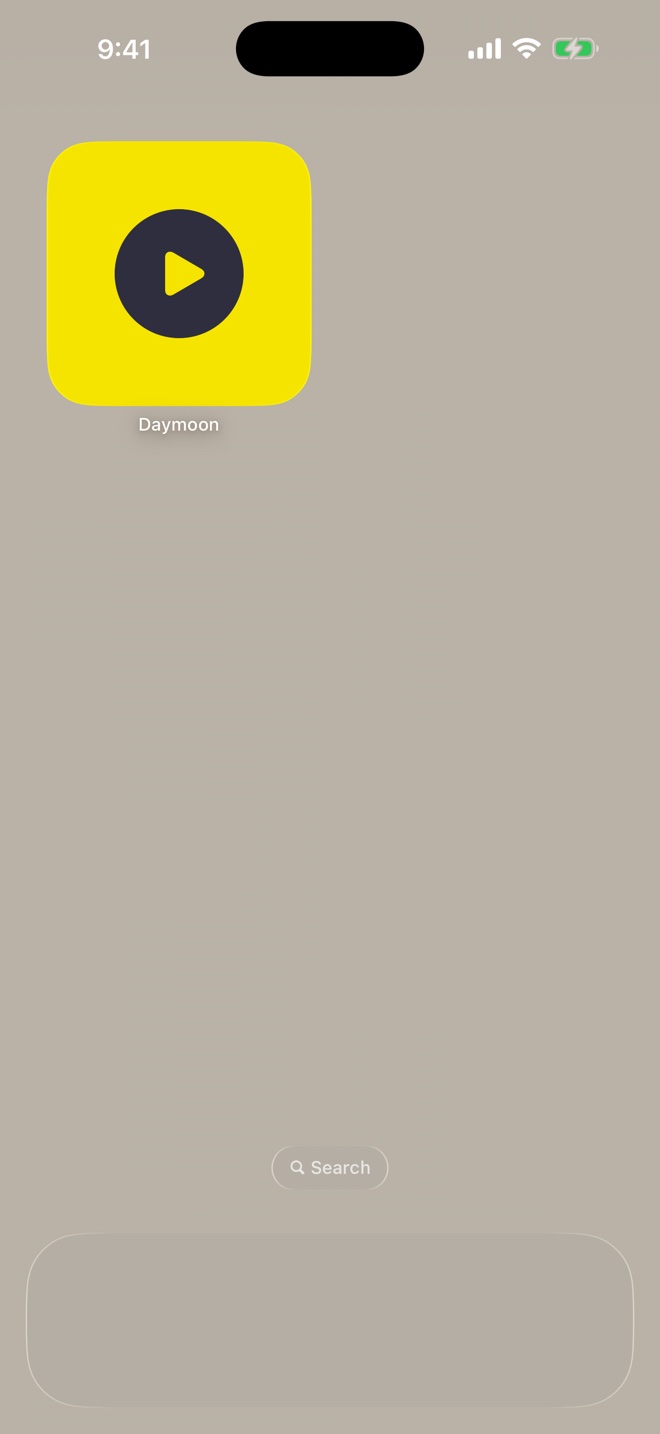 The Daymoon one-tap play widget on an iPhone Home Screen.