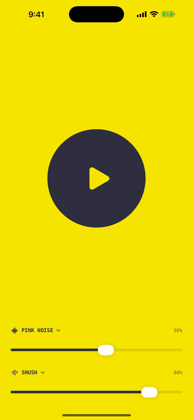 Daymoon ready to play: one big play button above pink noise and shush volume sliders.