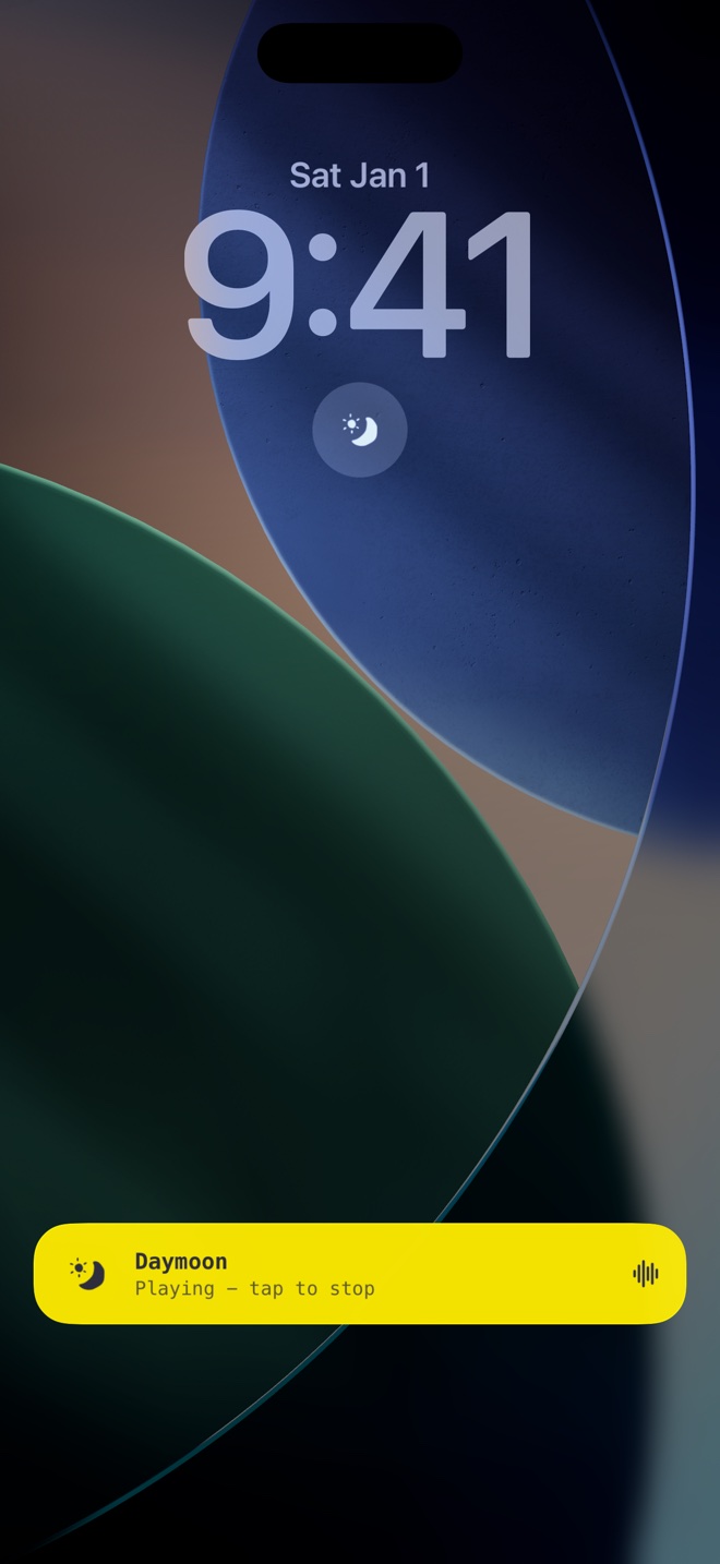 The Daymoon Live Activity on the iPhone Lock Screen: playing, tap to stop.