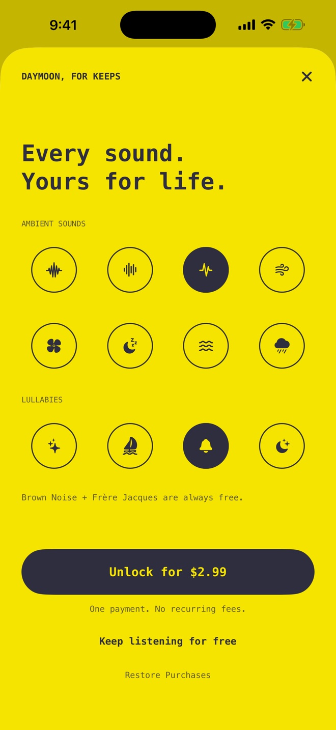 The Daymoon unlock screen: every sound, yours for life, with ambient sounds and lullabies to choose from.