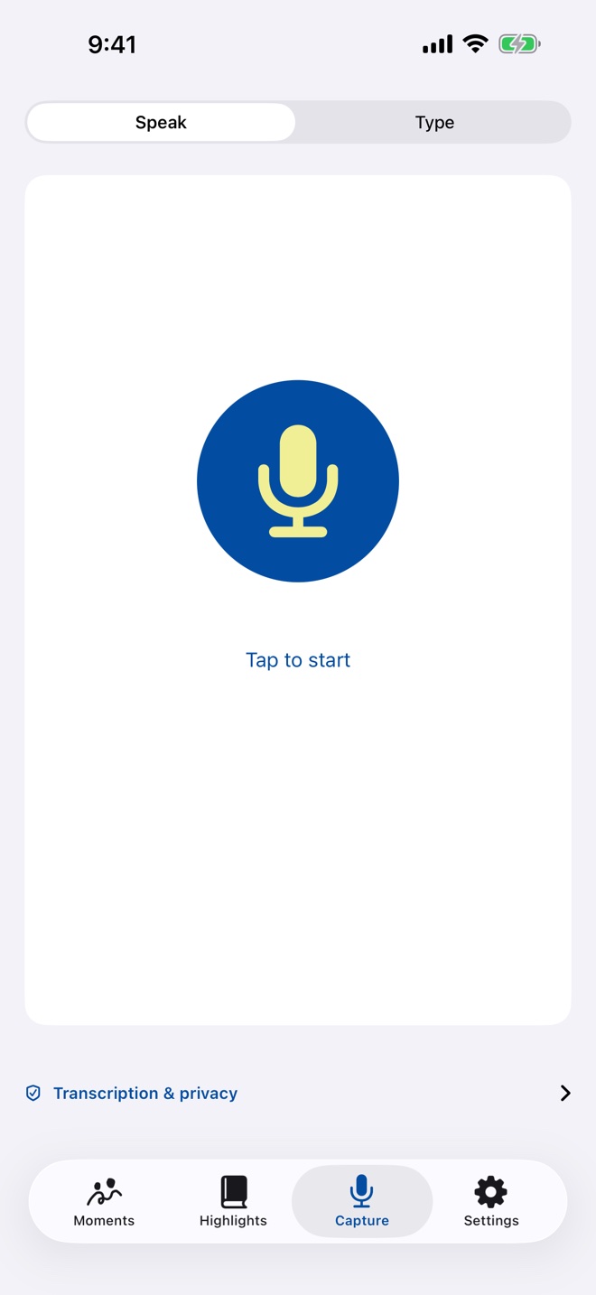 Little Moments capture screen: a big microphone button, tap to start.