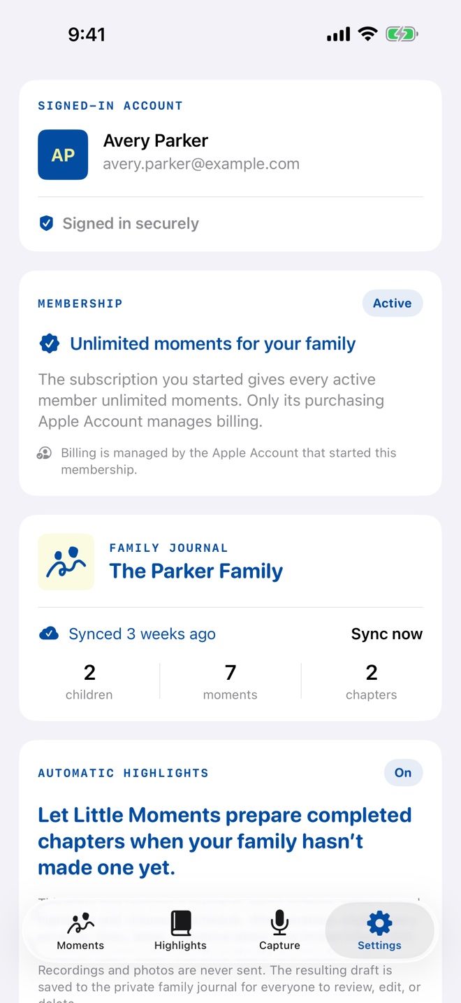 Little Moments family settings: a synced family journal with children, moments and chapters.