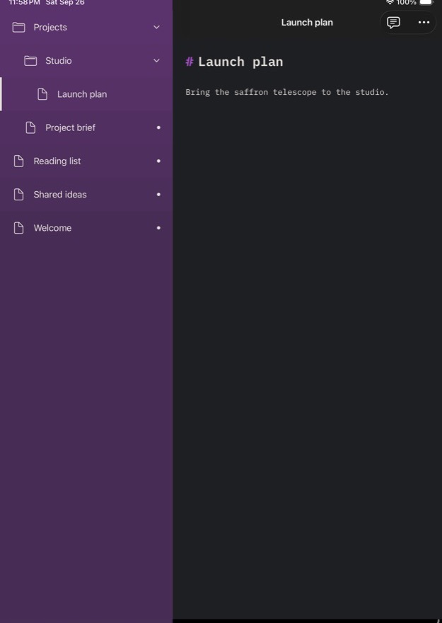 Buenote on iPad: a purple folder sidebar next to a dark Markdown editor.